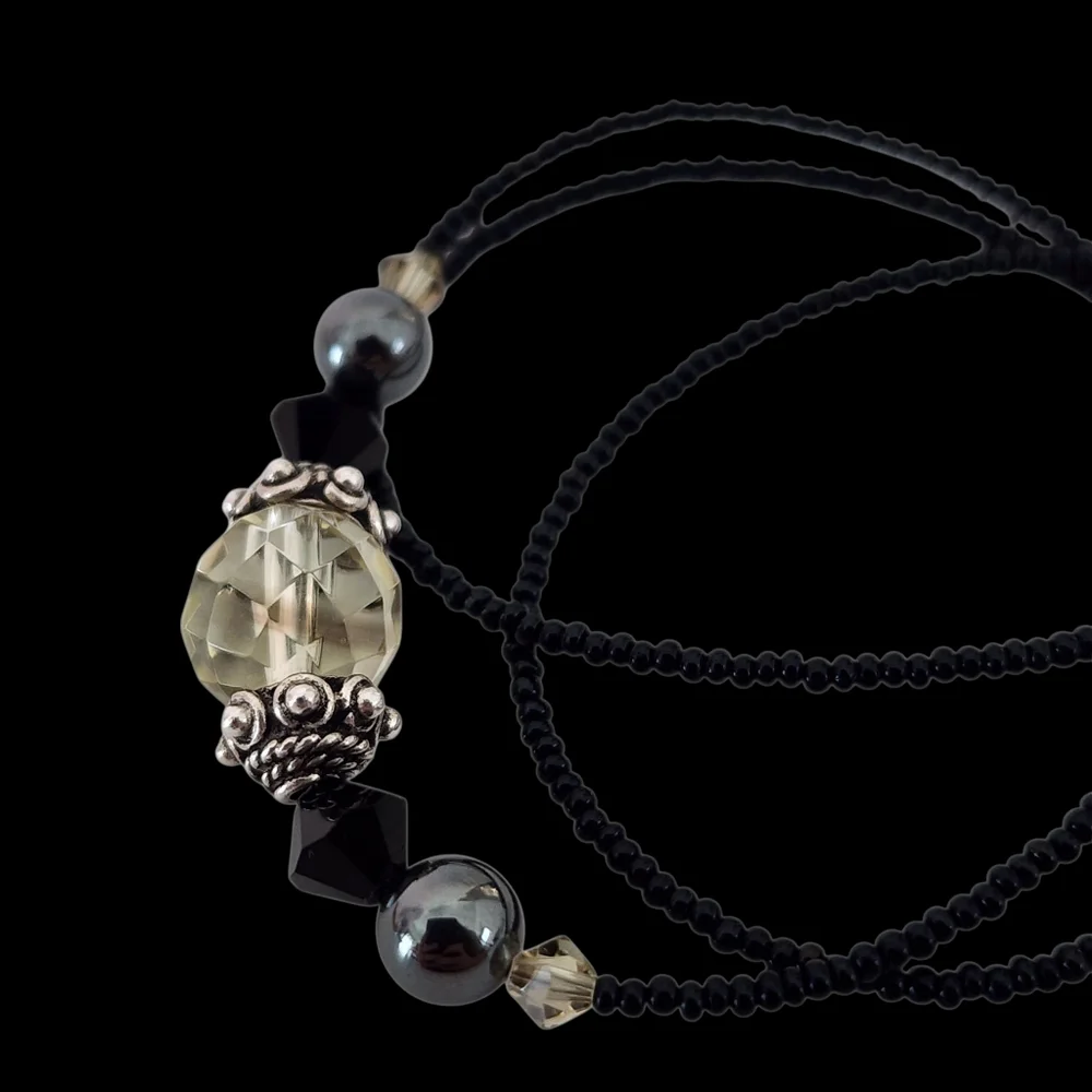 Dainty necklace 925 sterling silver faceted crystal pendant petite seed beads